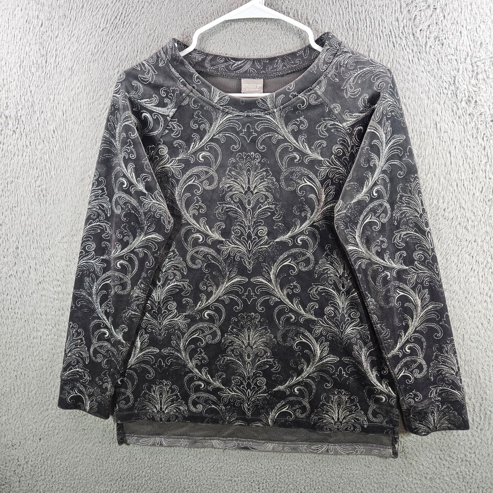 Chicos Zenergy Gray Silver Metallic Damask Velvet Sweatshirt Size 0 S 4/6